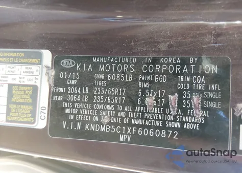 2015 Kia Sedona Lx from USA, damaged, VIN KNDMB5C1XF6060872